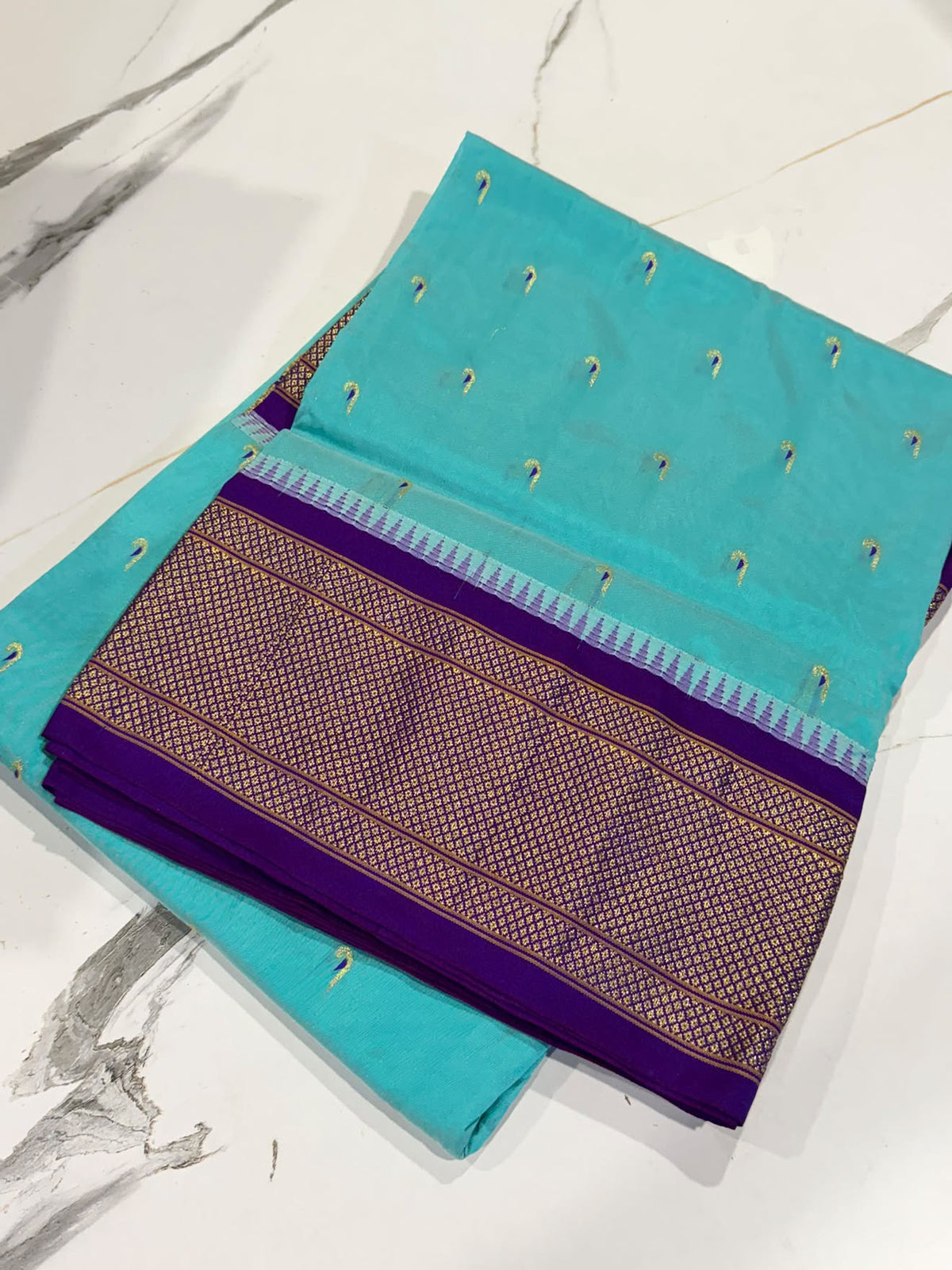 LD-N9 narayanapeta semi Pattu  sky blue and violet border muniya butta saree
