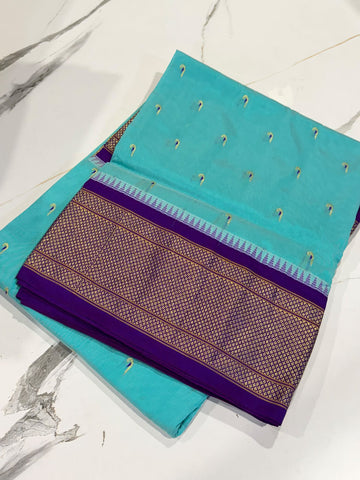 LD-N9 narayanapeta semi Pattu  sky blue and violet border muniya butta saree