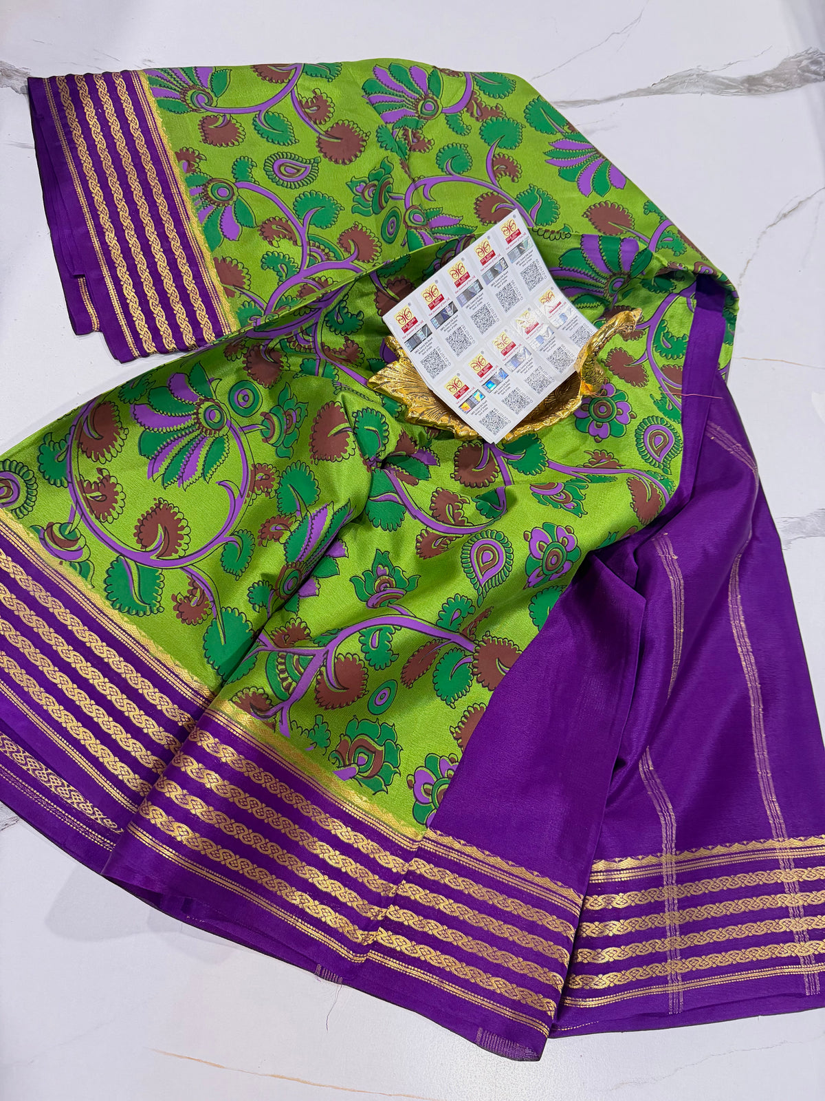 KM-6500 Green colour pure Mysore crep block prints saree