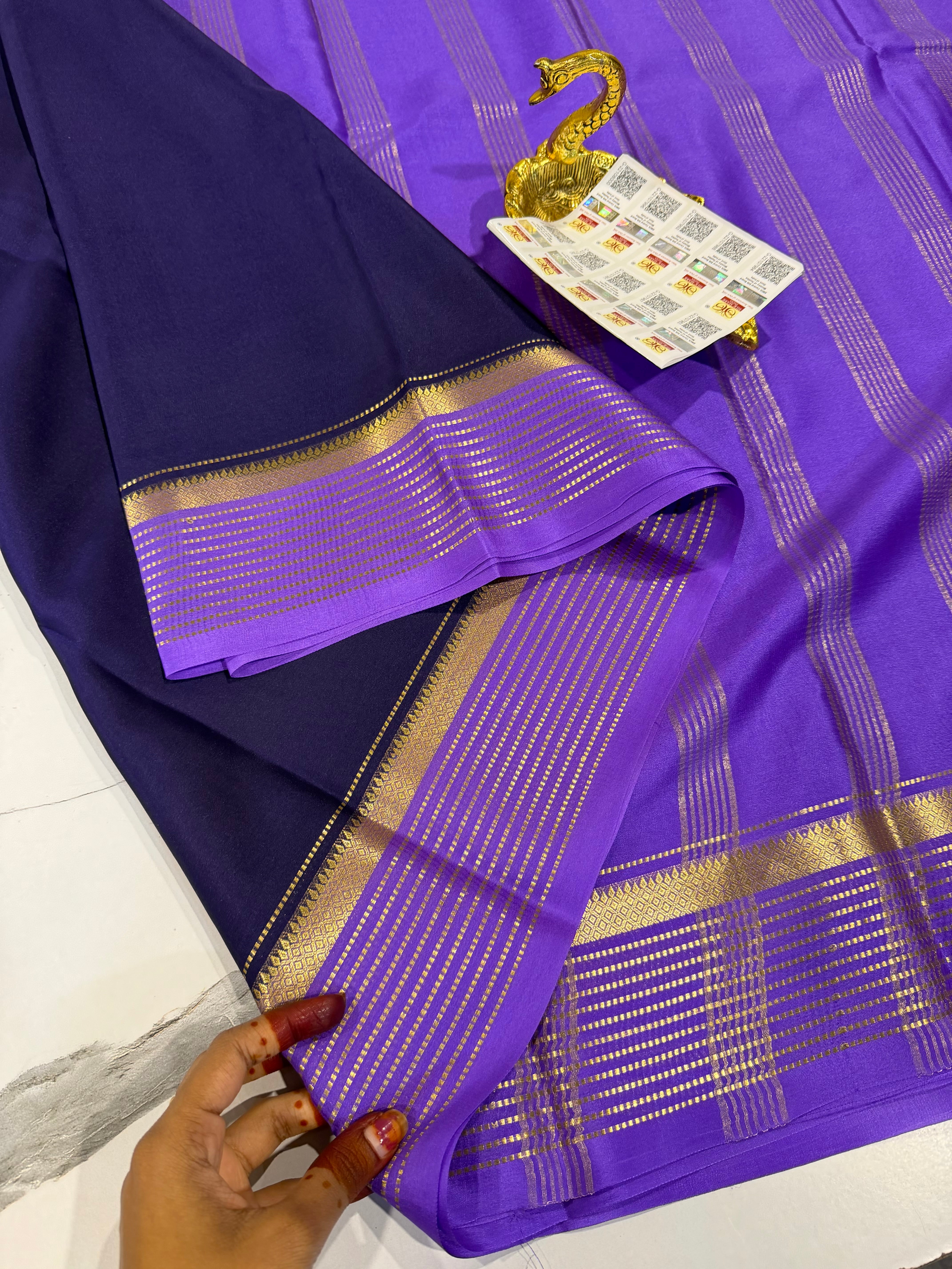 PM- 5700 Brinjal and Lavender colour border Mysore crepe silk saree