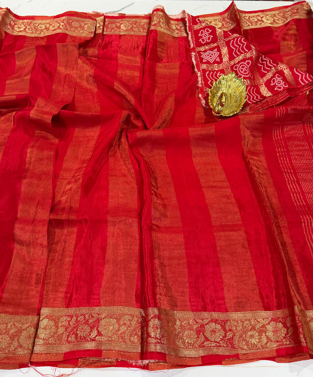 BM-2100 Red Mysore crepe sare with Bandini blouse
