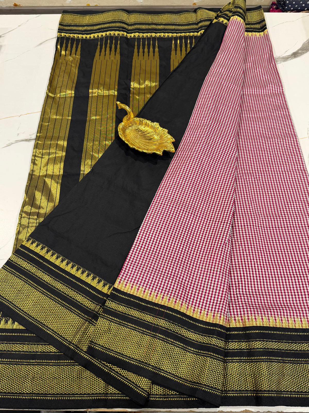 LD-N22 narayanapet red n white checks and black border saree