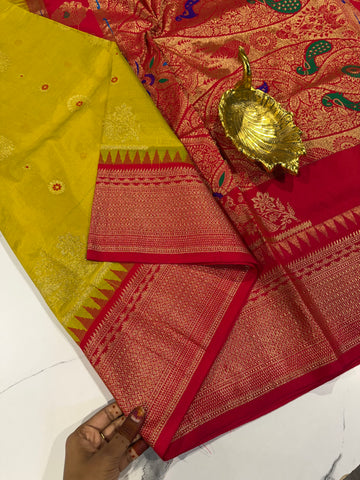 SN-35 Semi narayanpet mustard yellow and red border saree