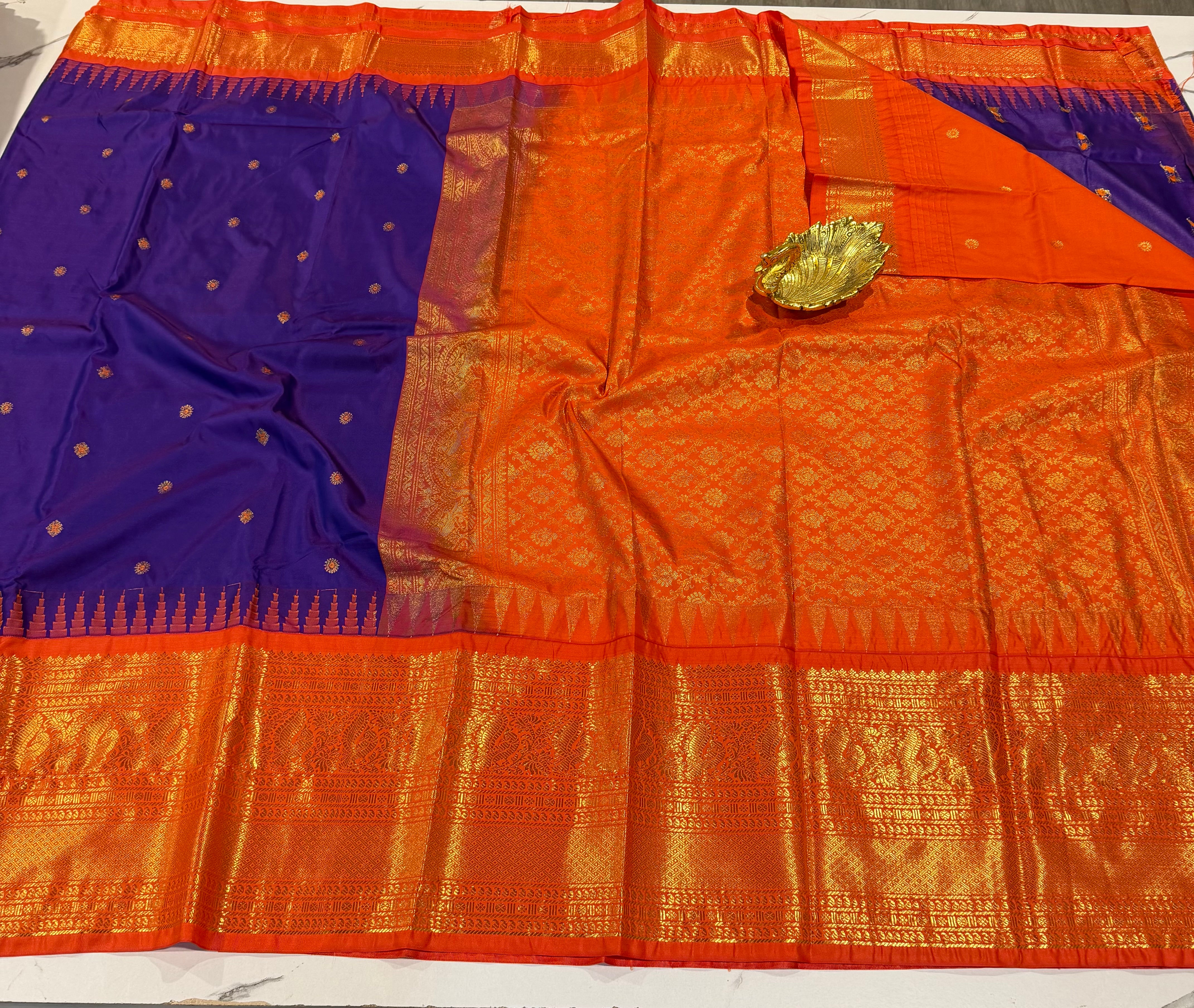 LD-G2299 vintage Semi Gadwal brinjal and orange with butta saree