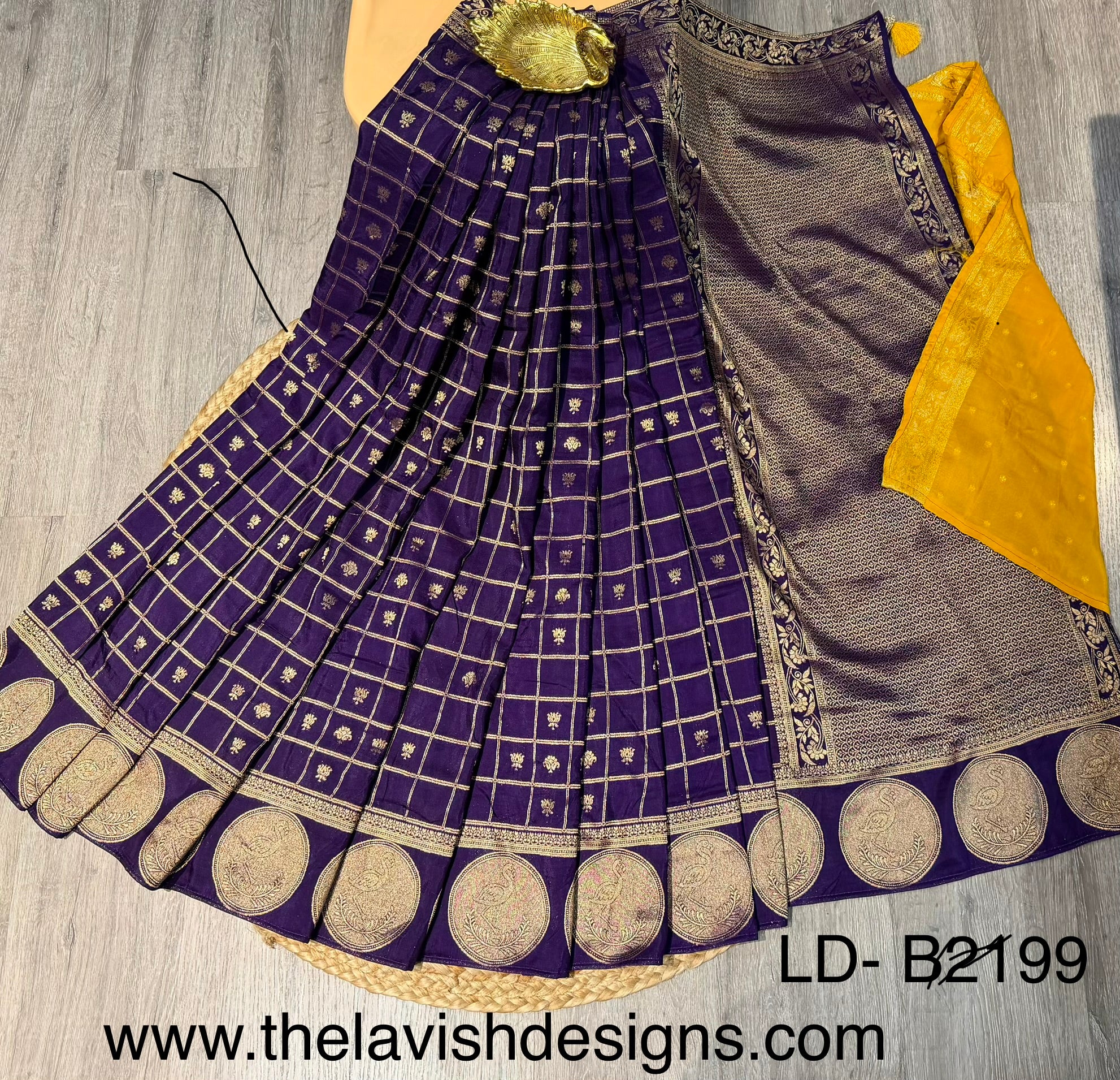 LD-B2199 Banaras crape sarees navi blue with weaving checks and yellow blouse