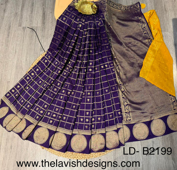LD-B2199 Banaras crape sarees navi blue with weaving checks and yellow blouse