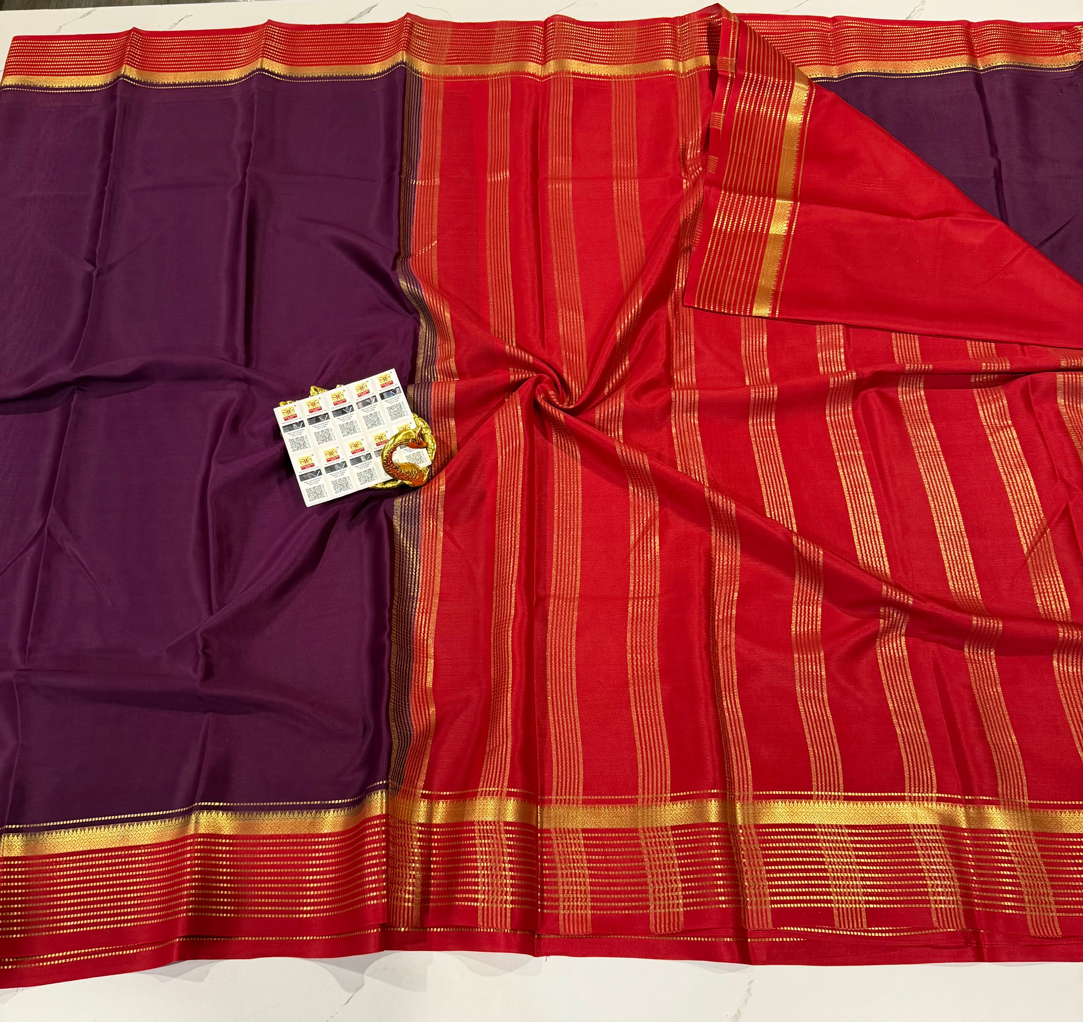 PM-5700 Wine and Red colour border Mysore crepe silk saree