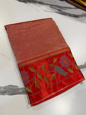 KT-5 Red colour kanchi tissue saree