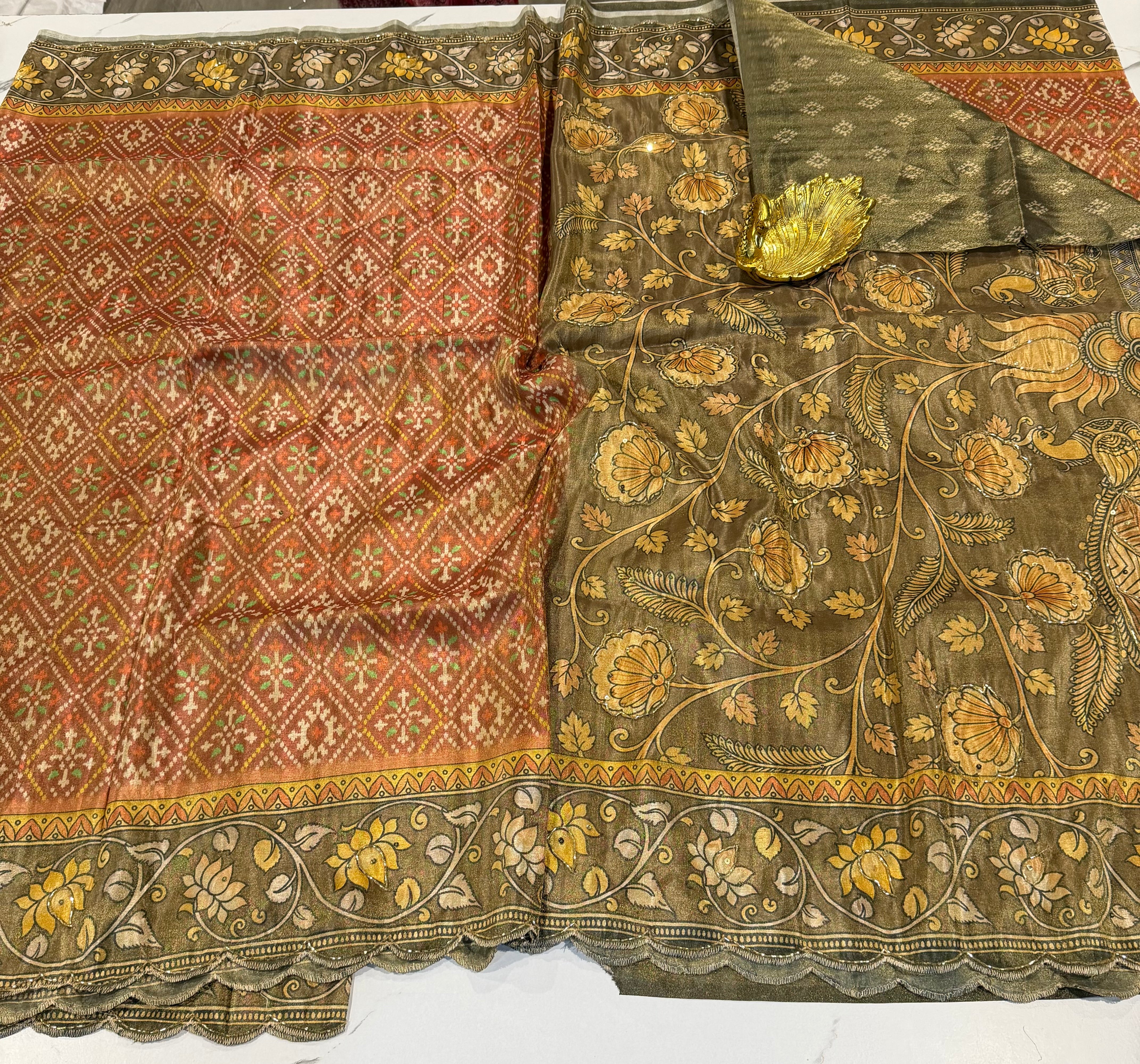 PC-2349 peach n green saree One gram tissue cocktail edition