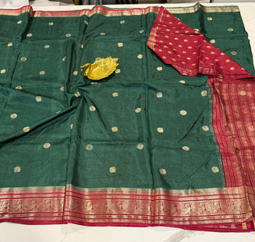 KJC3- Bottle green  n Red -Kanchi Jute Crepe Saree