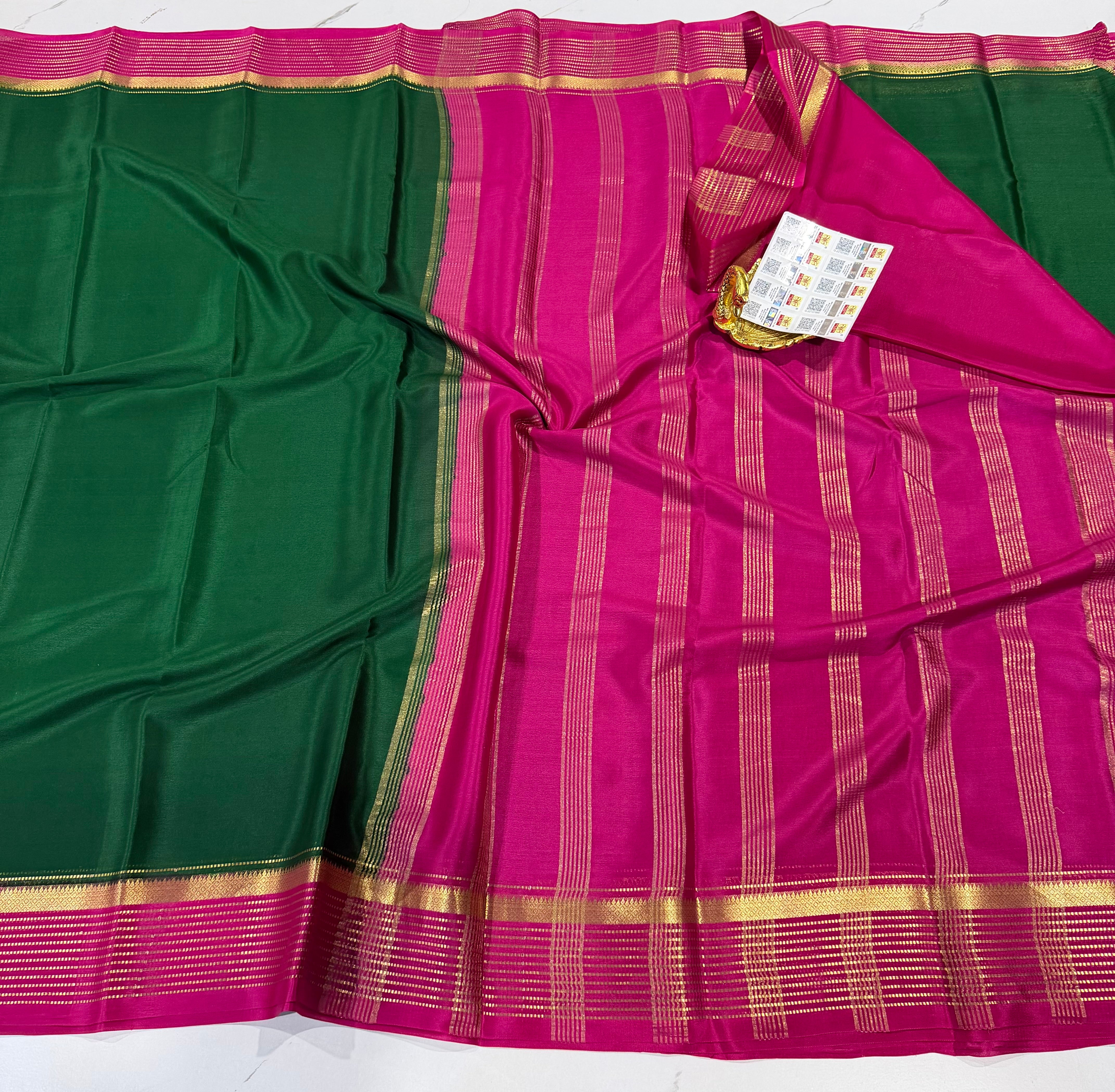 PM-5700 Dark Green and pink  colour border pure Mysore crepe silk saree