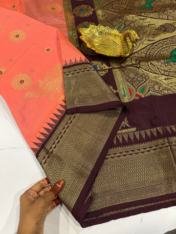 SN-35 Semi narayanpet peach and brown border saree