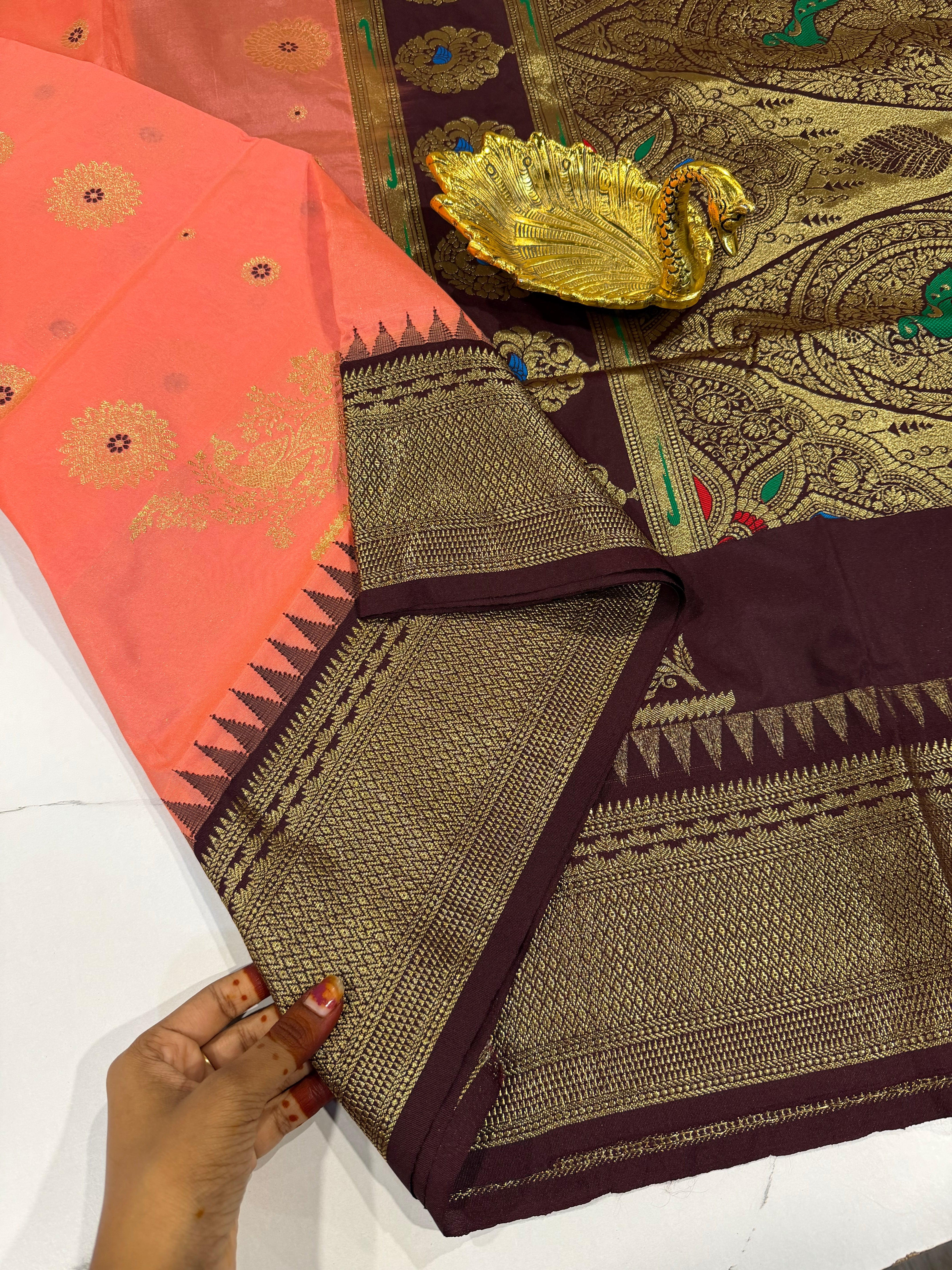 SN-35 Semi narayanpet peach and brown border saree