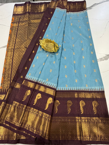 MS-2501  Sky blue n brown Muniya gadwal saree