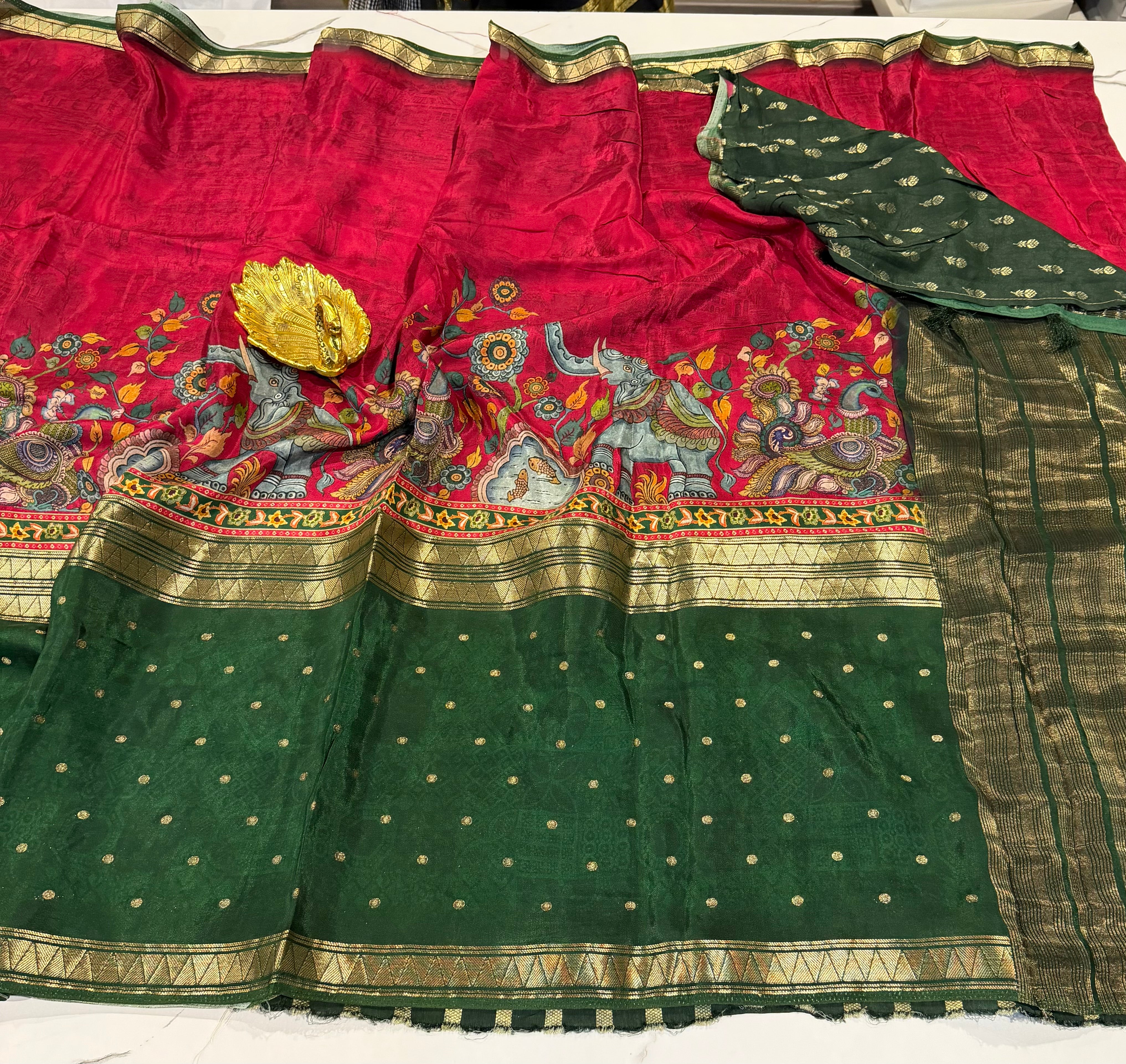MC3299- maroon & green  - Mysore crepe semi - story telling concept