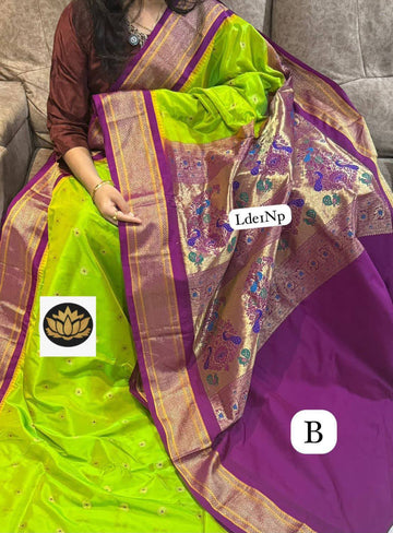 LD-N9 parrot green n purple saree Narayanapet semi pattu chakra butta