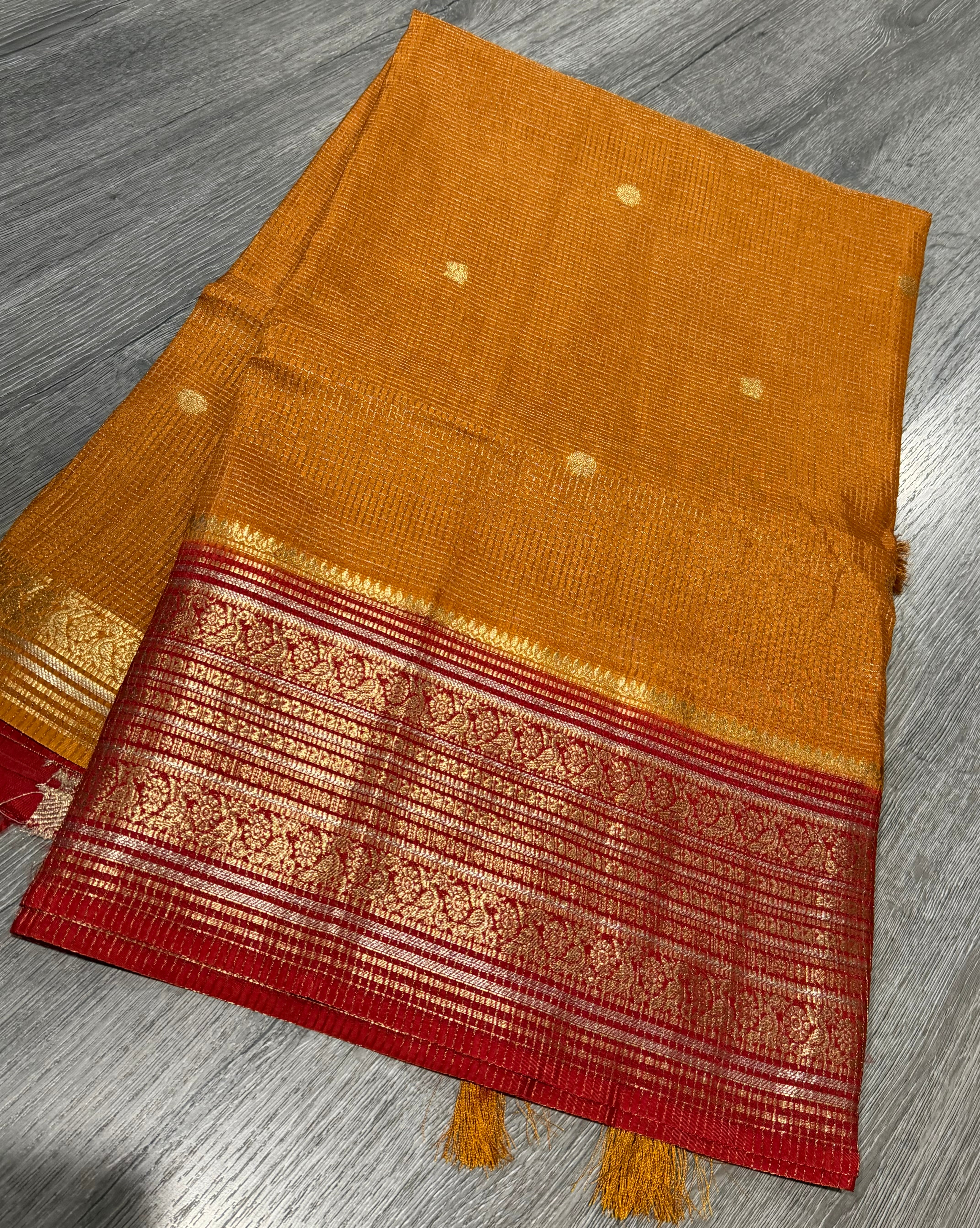 VKC2149BB- Mustured n Red Kanchi Brdr saree