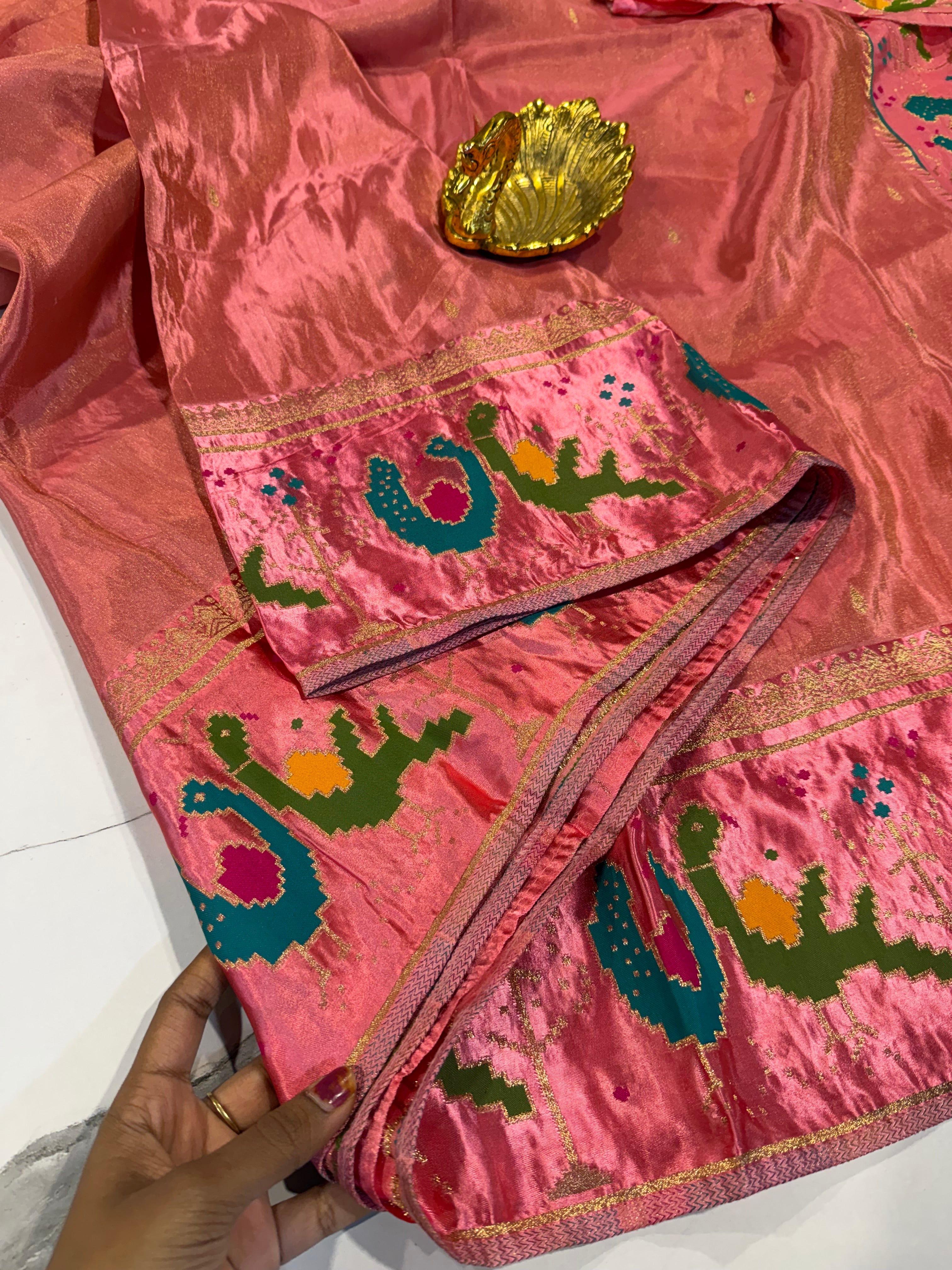 T-2998 peachish pink banaras tissue Mashru borders saree