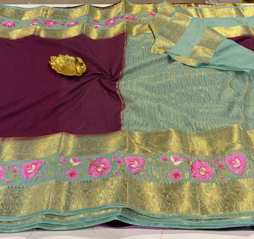 LD-M2 semi Mysore sarees wine & powder blue saree