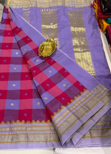 M-3450 Red n Lavender Madras checks Narayanpet saree