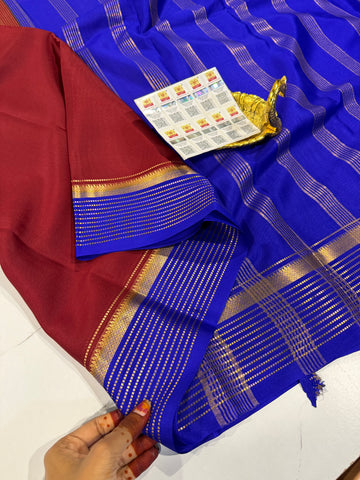 PM-5700 Brown and Dark Blue colour pure Mysore crepe silk saree