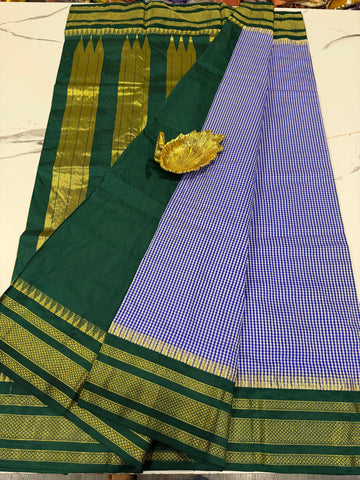 LD-N22 narayanape blue n white checks and dark green border saree