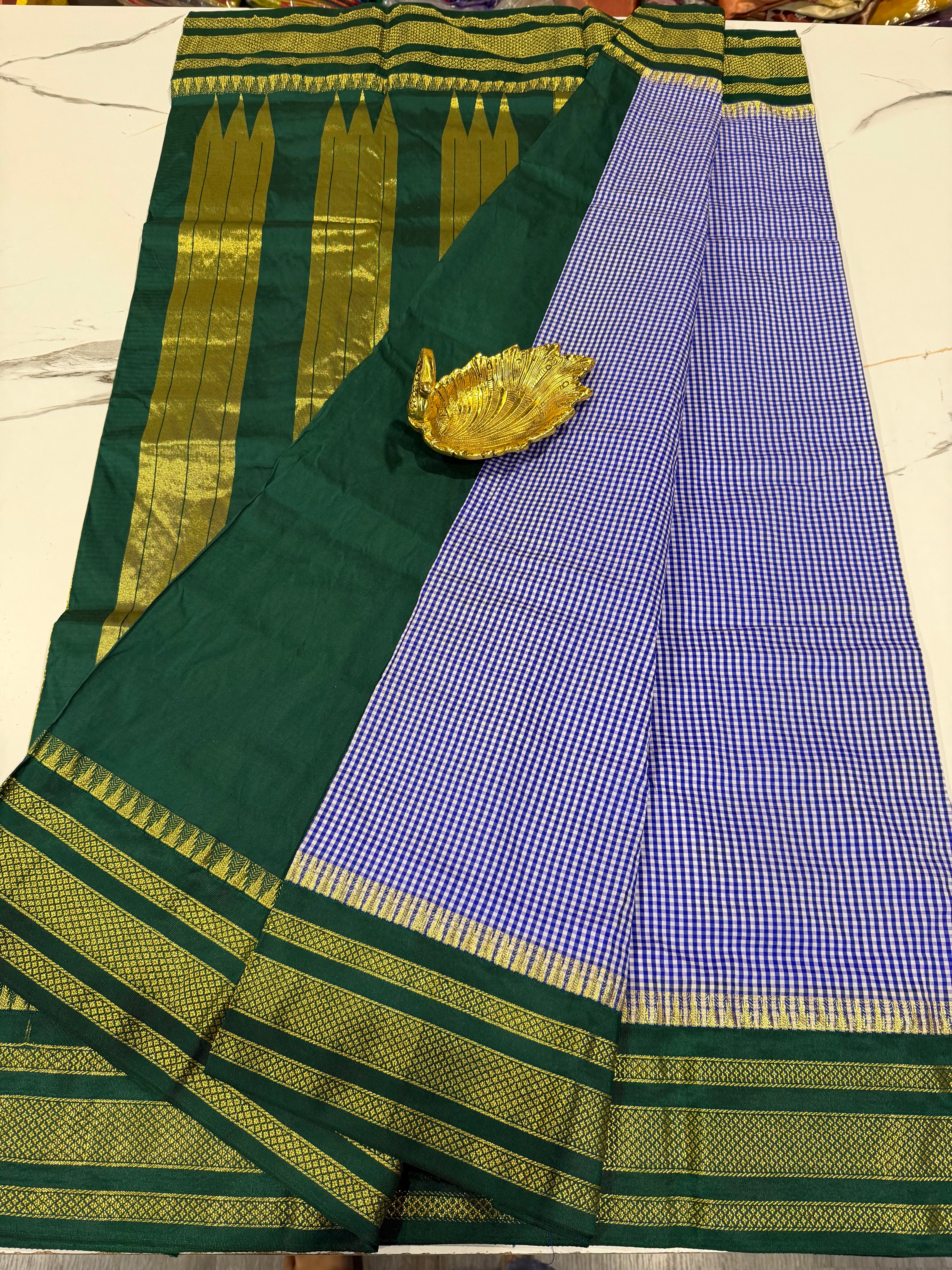 LD-N22 narayanape blue n white checks and dark green border saree