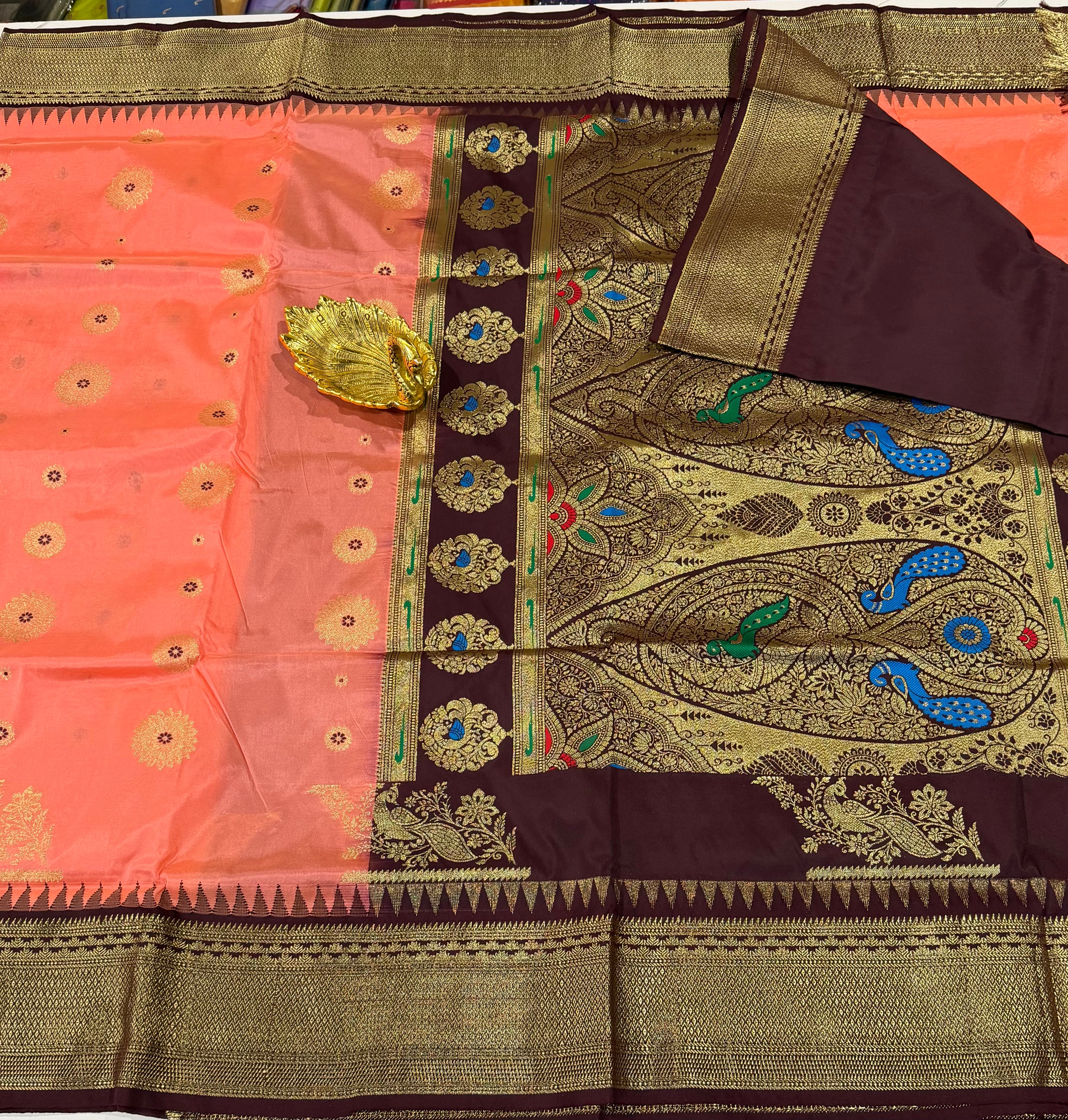 SN-35 Semi narayanpet peach and brown border saree