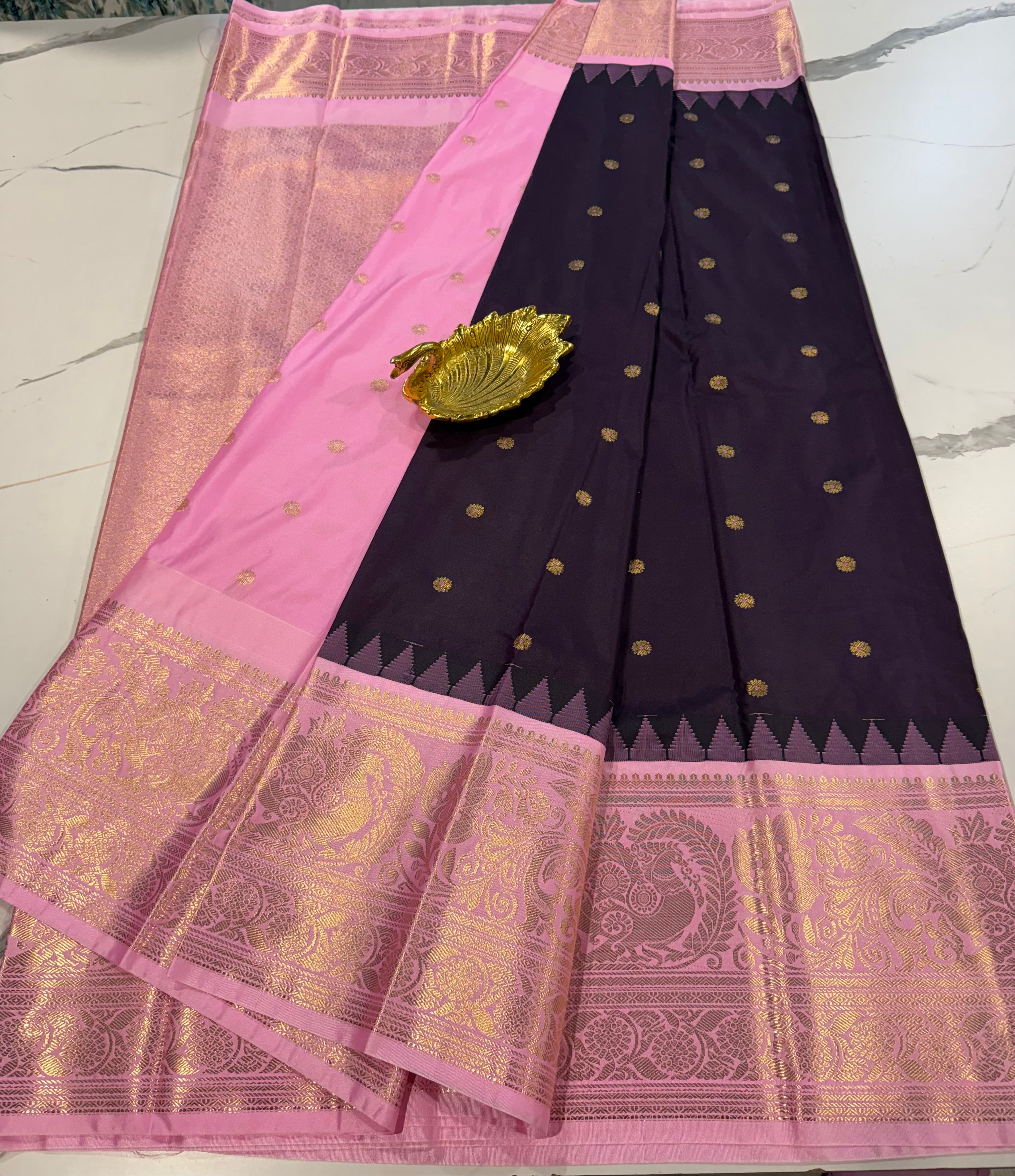 LD-G23 Gadwal dark brinjal n baby pink saree