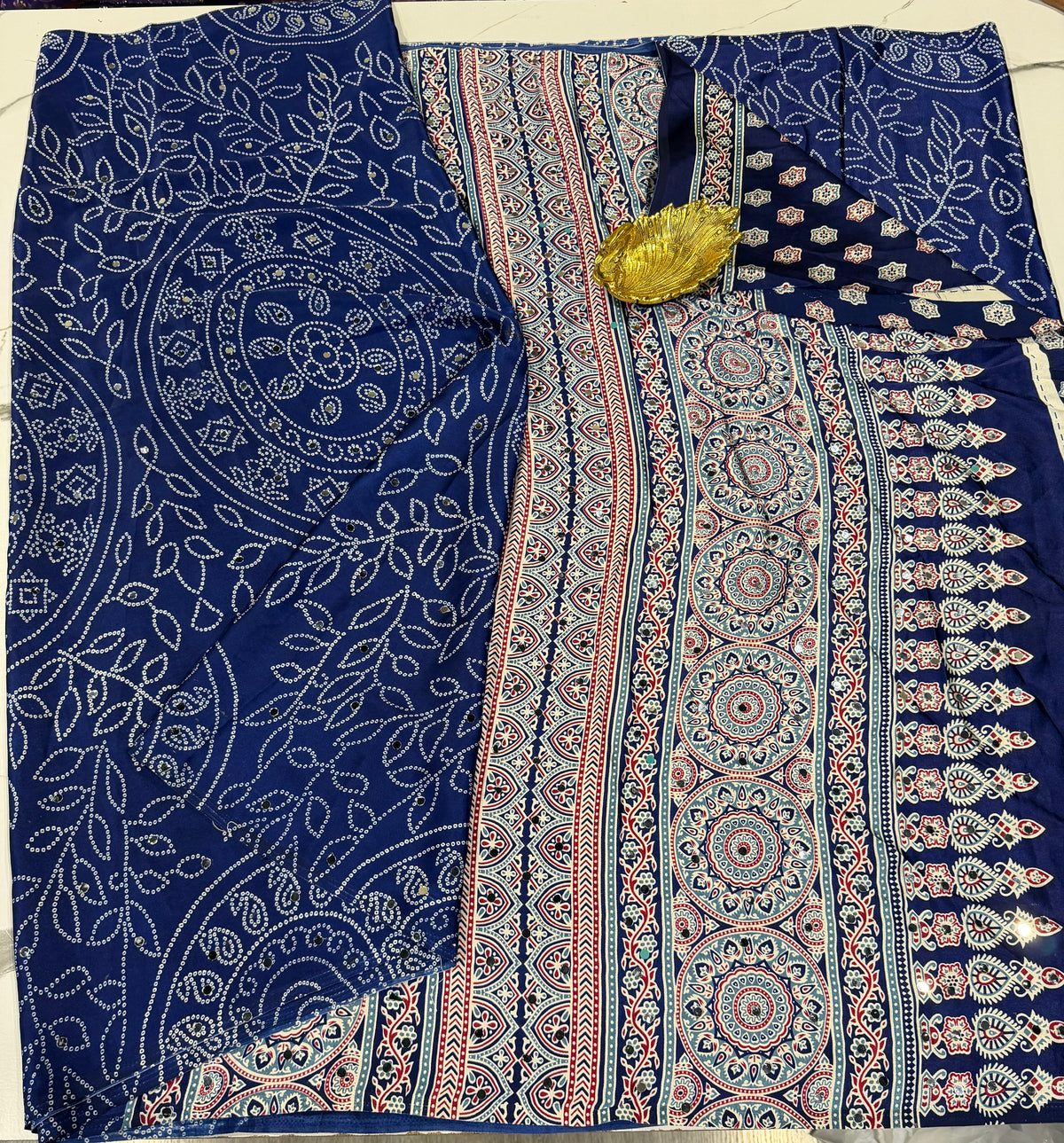 AM-950 Navy blue Ajrak mirrors saree