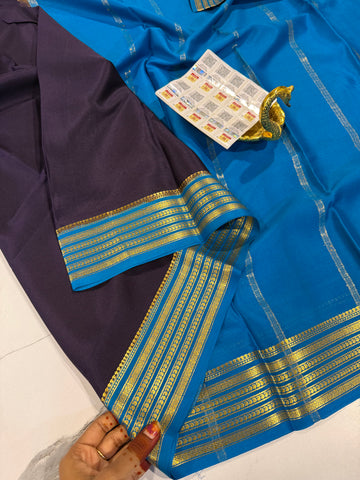 PM- 5700 brinjal and Krishna blue border Mysore crepe silk saree