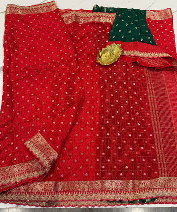 CS-2500 Red colour vintage mysore chinnon crepe scallop borders saree