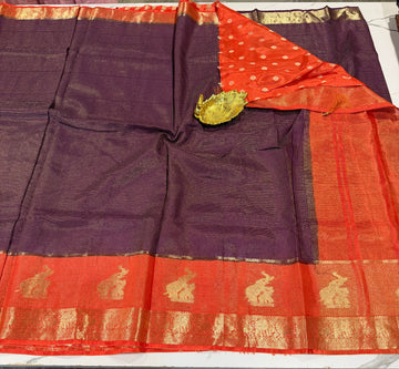 VS-27 wine saree orange borders vintage Kanchi saree