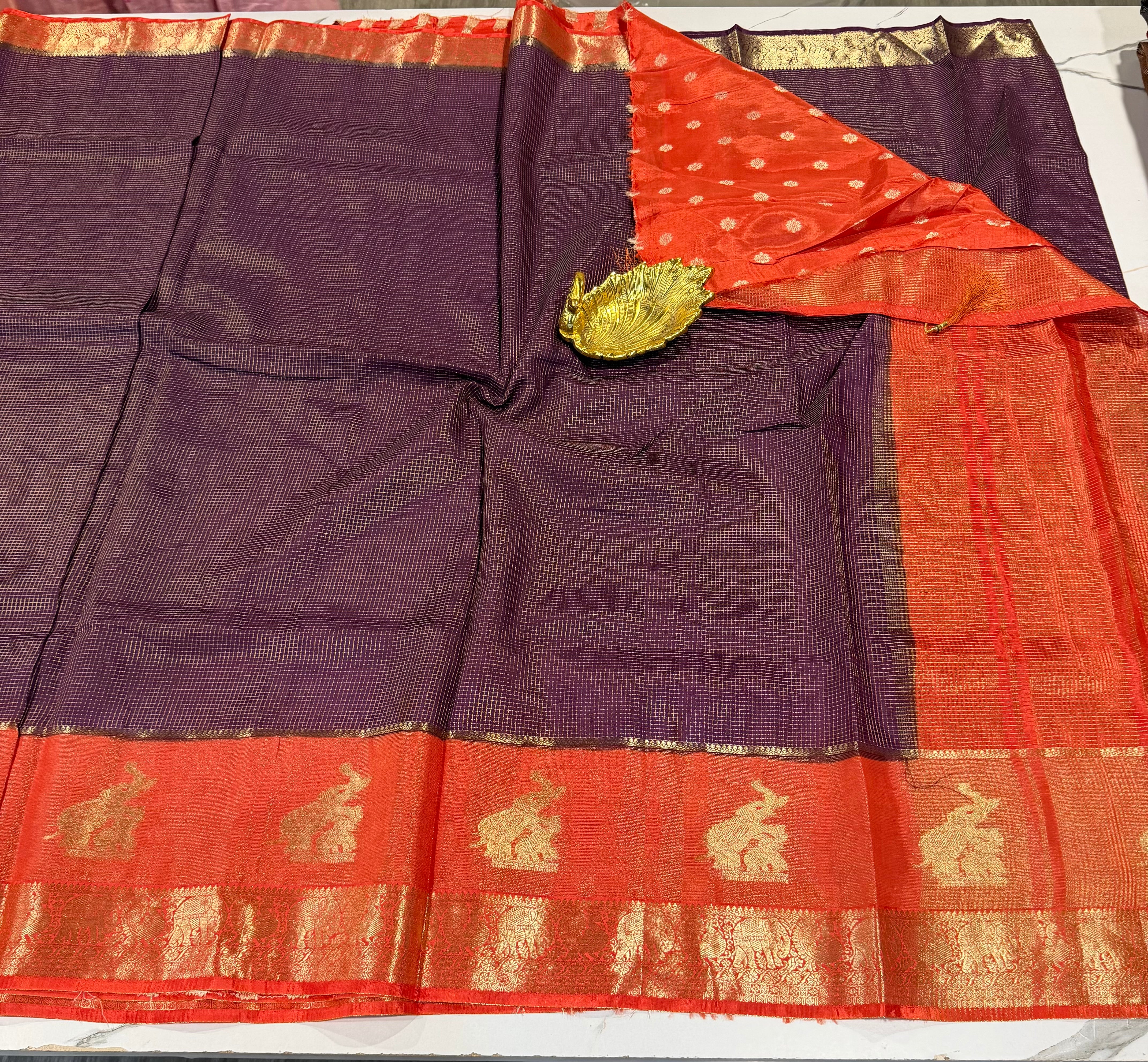 VS-27 wine saree orange borders vintage Kanchi saree
