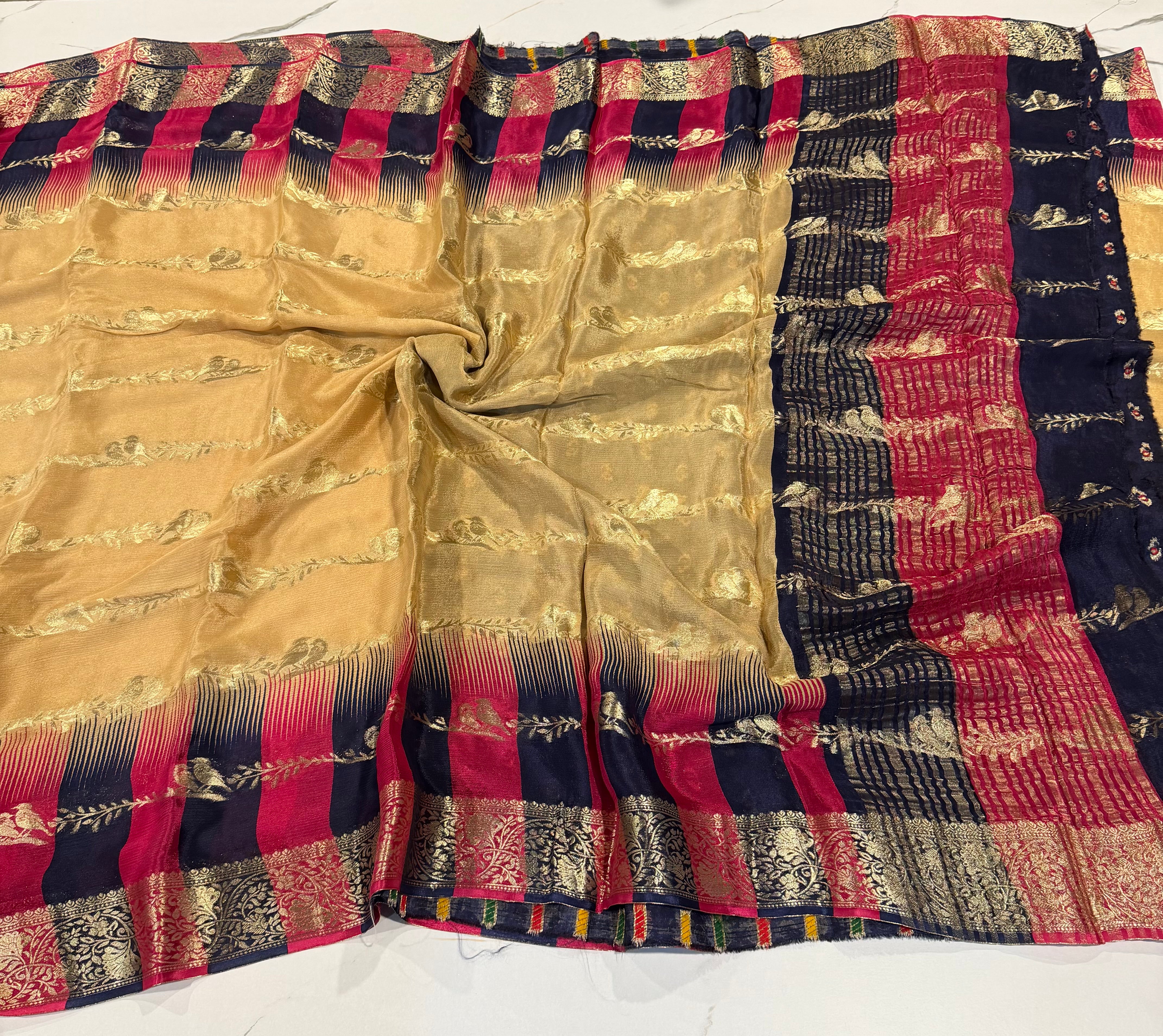 MW-R Cream saree blue n pink borders