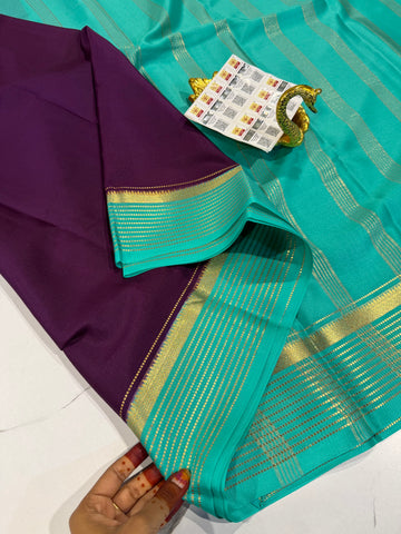 PM-5700 Wine and Sea blue colourpure Mysore crepe silk saree