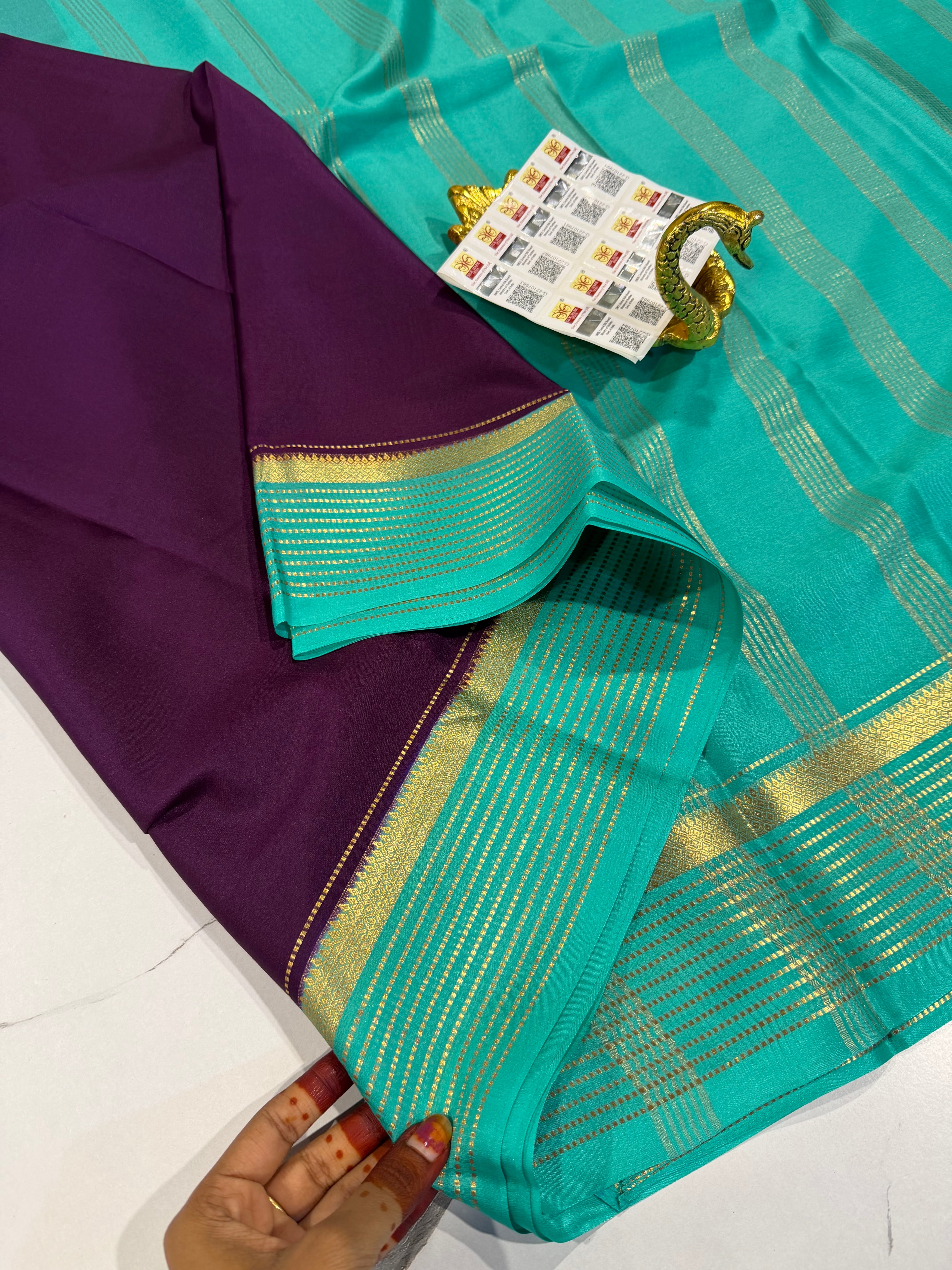 PM-5700 Wine and Sea blue colourpure Mysore crepe silk saree