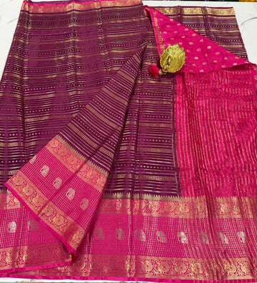 V-2100 Wine n pink banaras vintage Kanchi horizontal lines saree