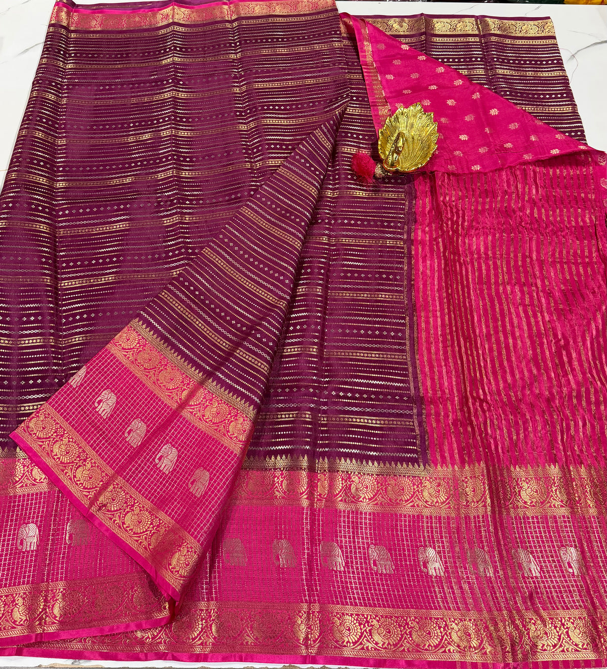 V-2100 Wine n pink banaras vintage Kanchi horizontal lines saree