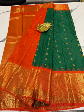VG2 semi Gadwal bottle green and orange saree