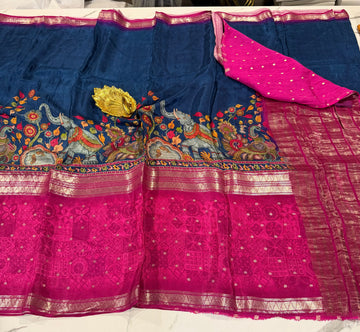 MC3299-peacock blue & pink  - Mysore crepe semi - story telling concept