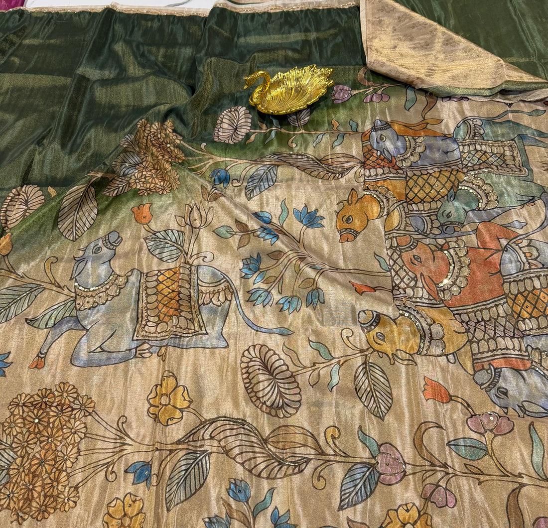 LD-T24 fancy 1gm tissue Kalamkari maggam work style saree green colour saree