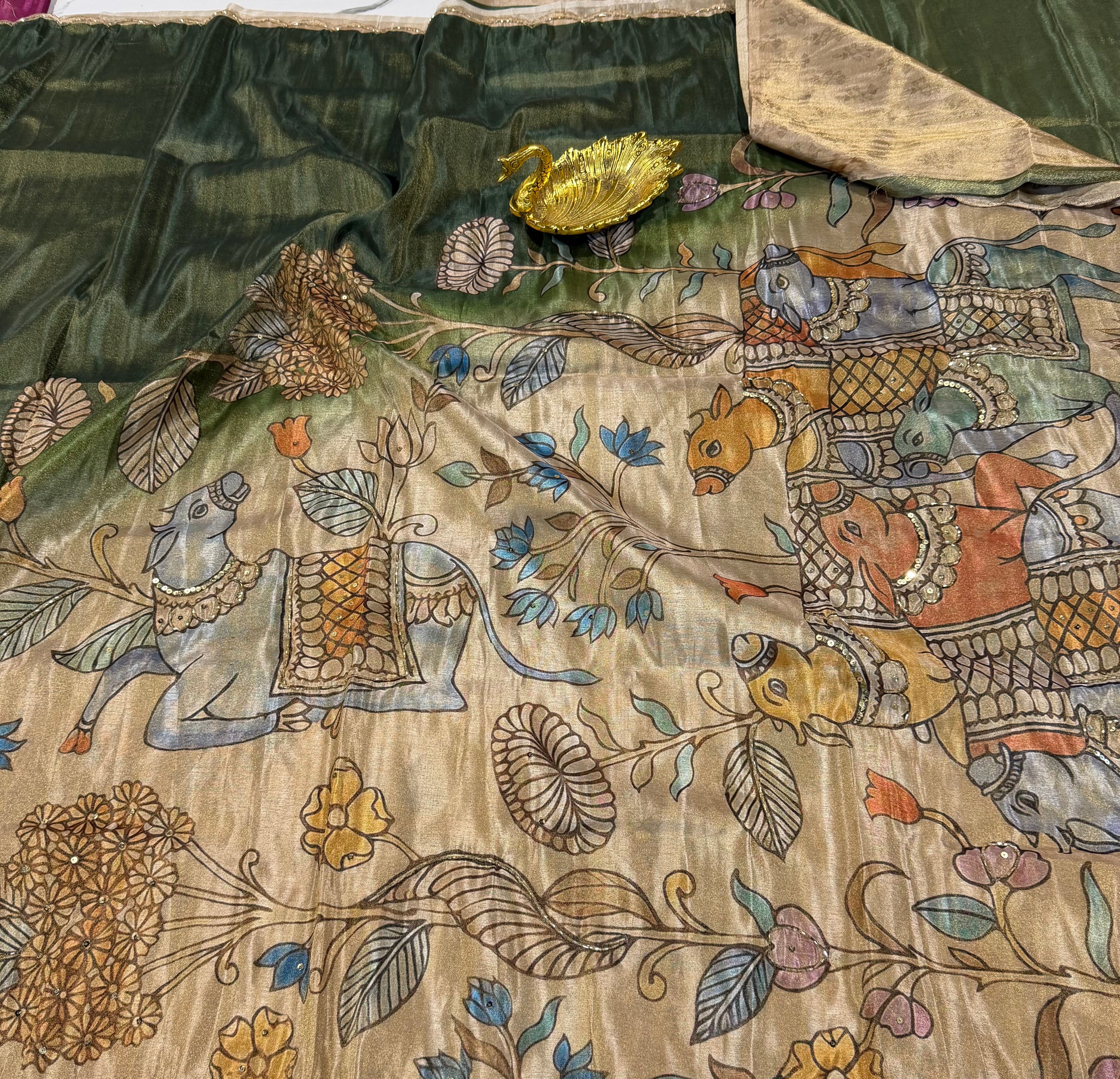 LD-T24 fancy 1gm tissue Kalamkari maggam work style saree green colour saree
