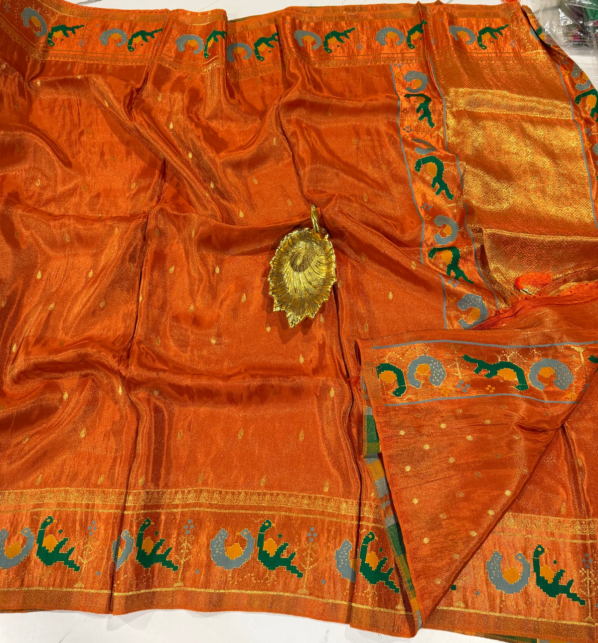 T-2998 Orange banaras Kanchi tissue Mashru borders saree