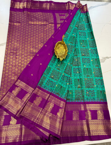 SGK-2997 seagreen n purple gadwal Kalamkari saree