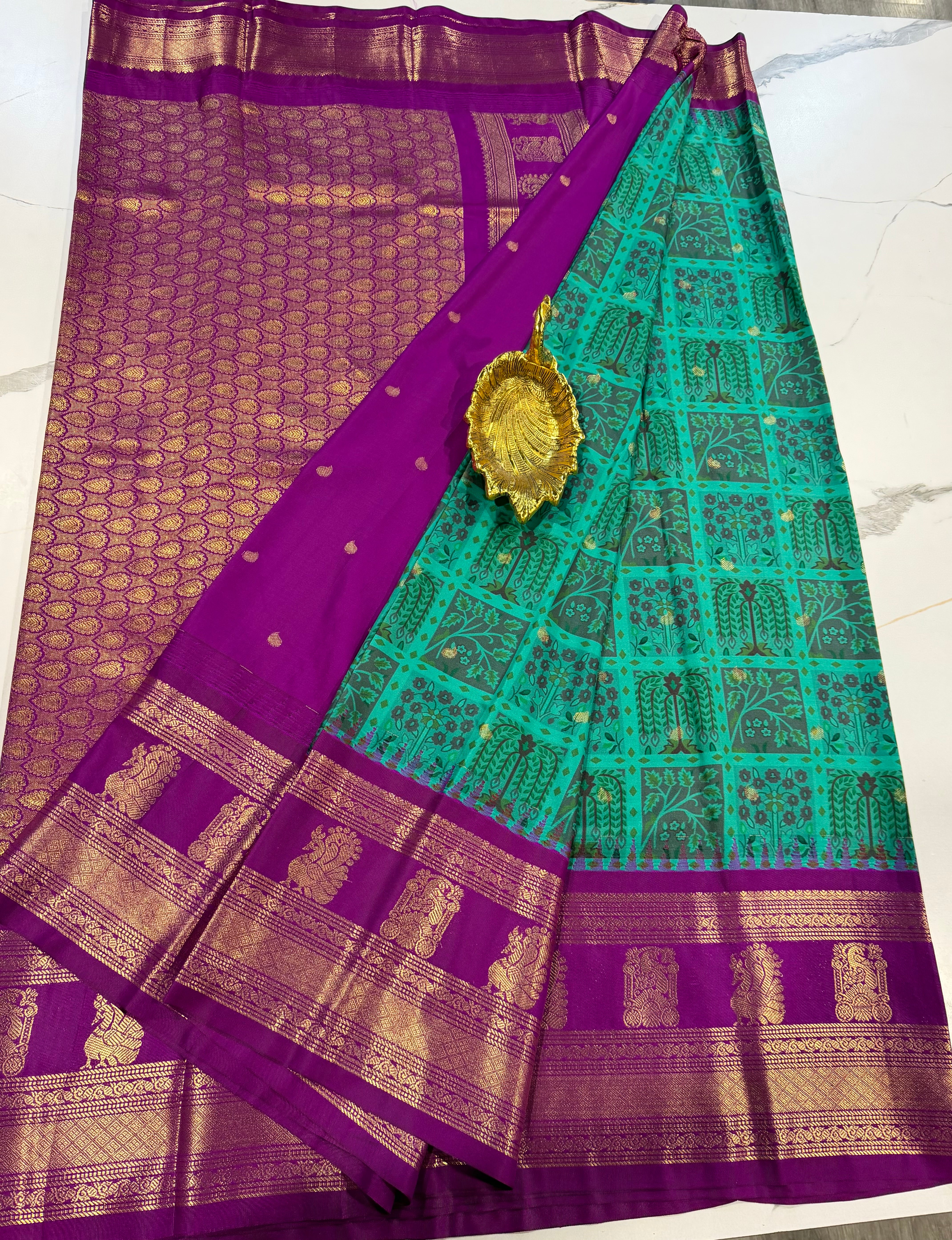 SGK-2997 seagreen n purple gadwal Kalamkari saree