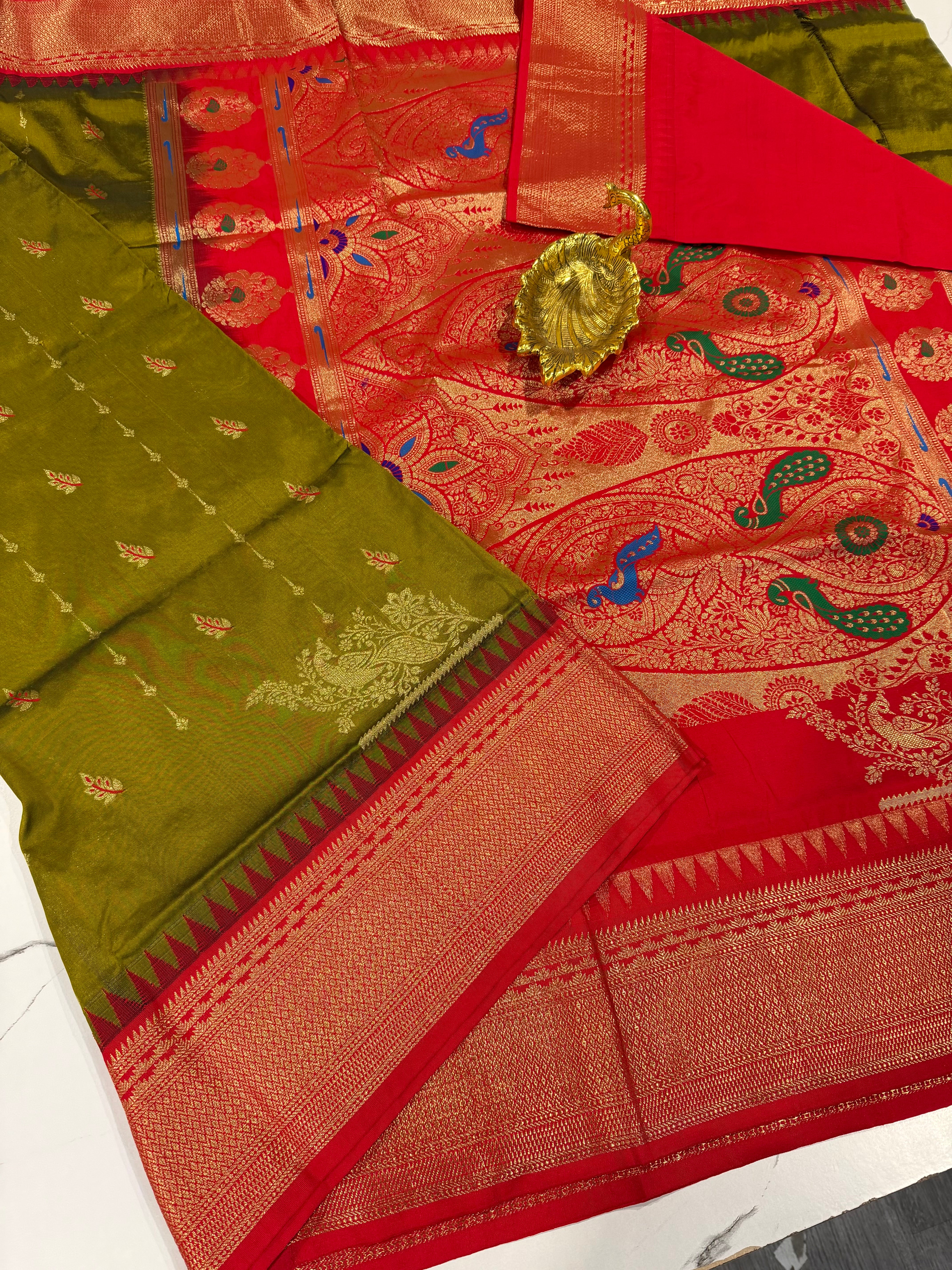 LD-NL35 semi narayanpet pattu olive green and red border saree