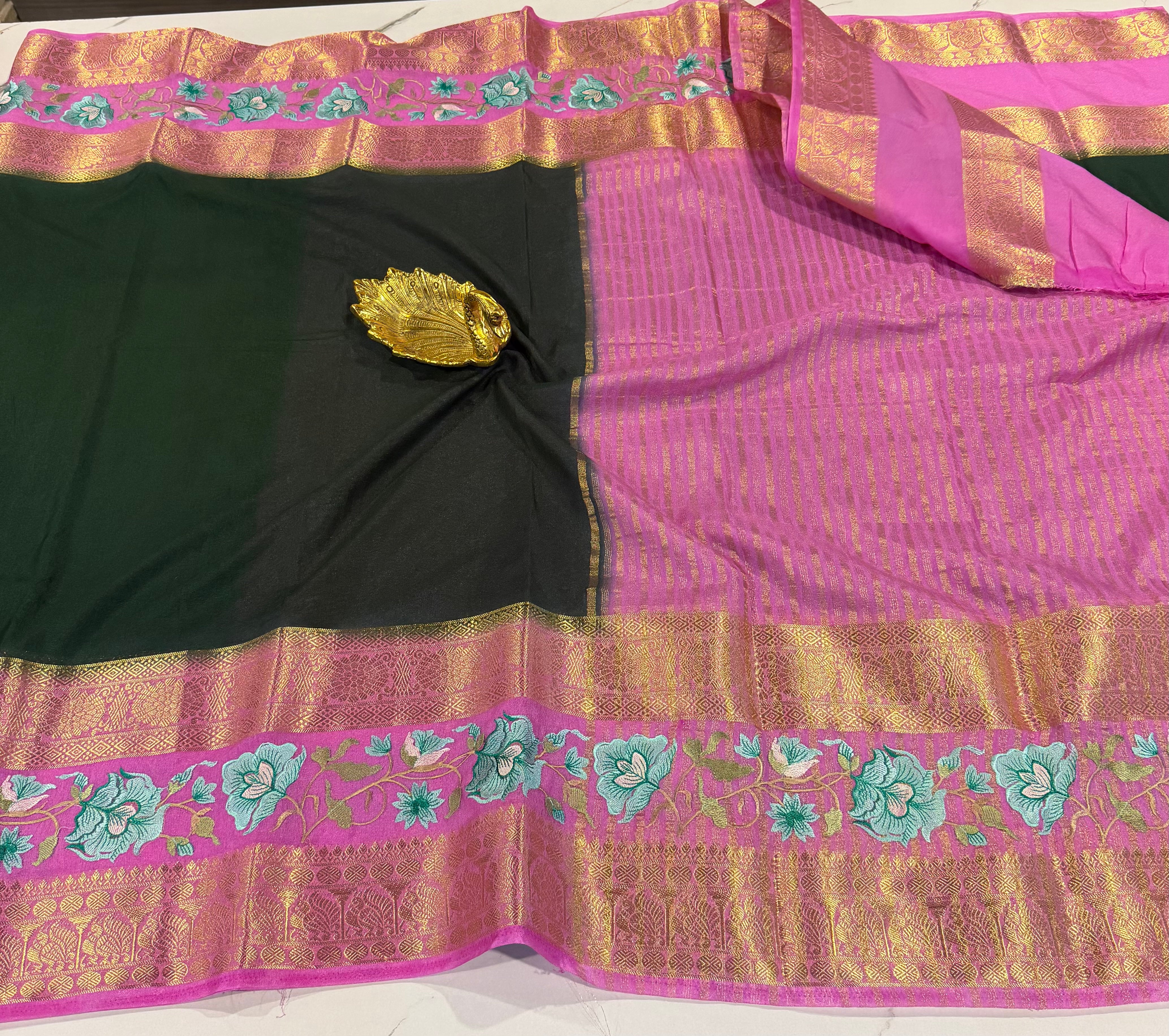 LD-M2 semi Mysore sarees green & pink saree