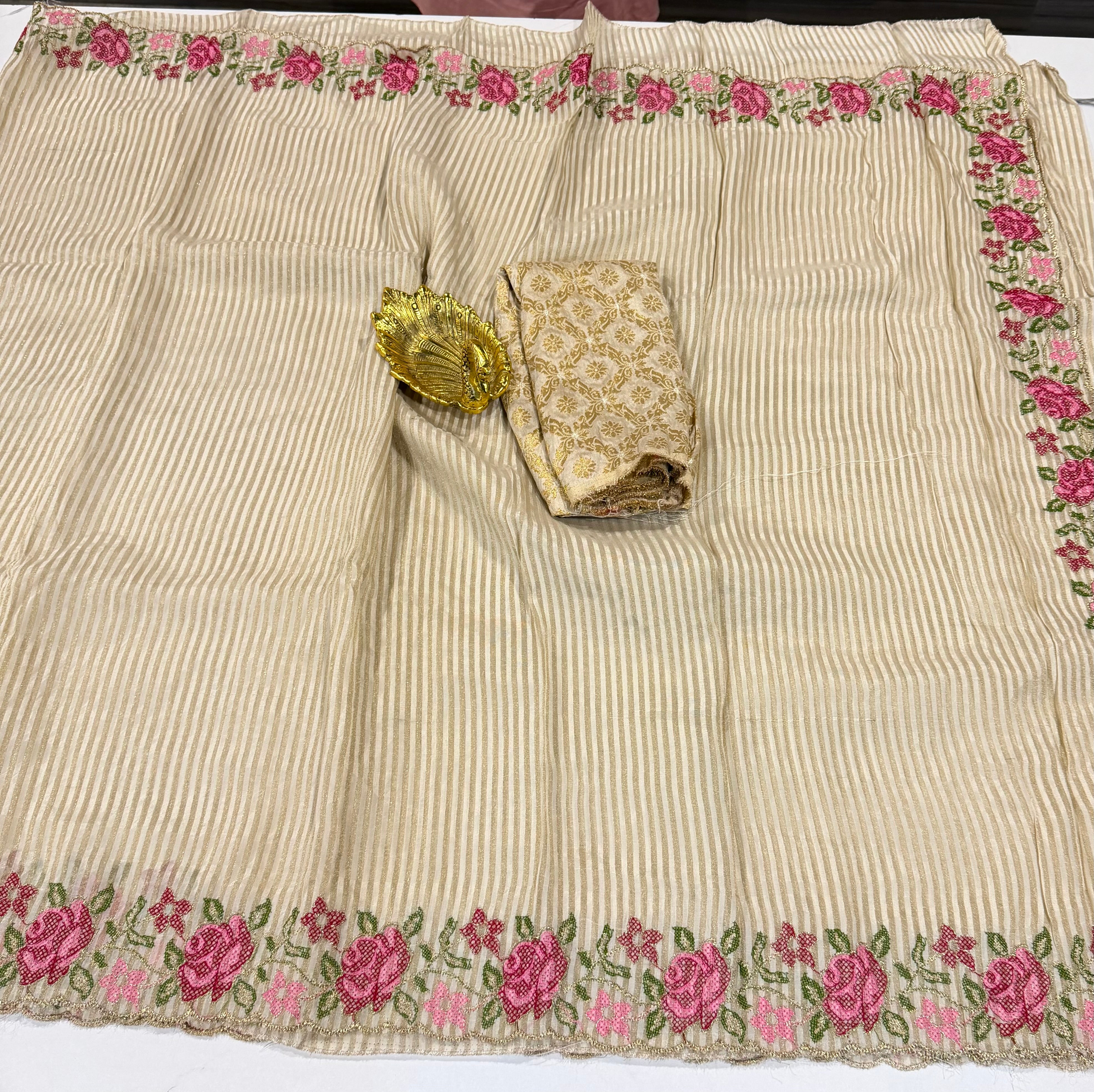 LD-T15 Banaras tissue Pettit saree Cream