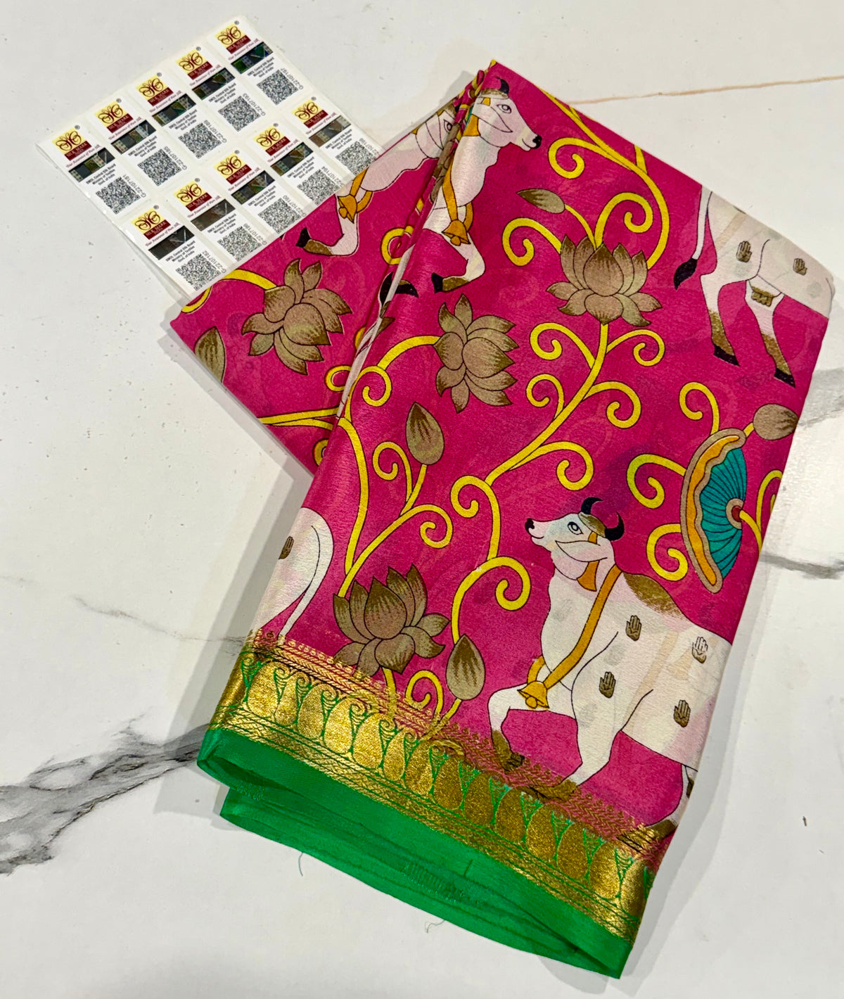MV-6900 light pink n green colour Mysore pure crepe saree